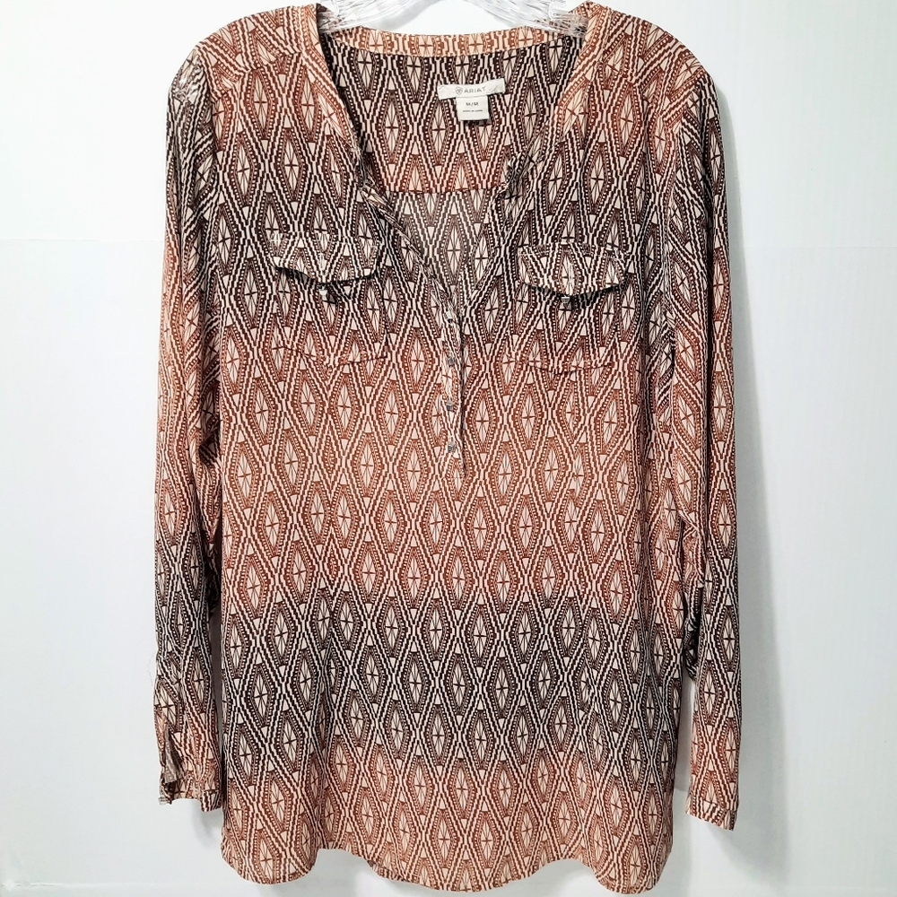 Ariat Womens Willa Top Brown Aztec Jacquard Long Sleeve Button Up Medium